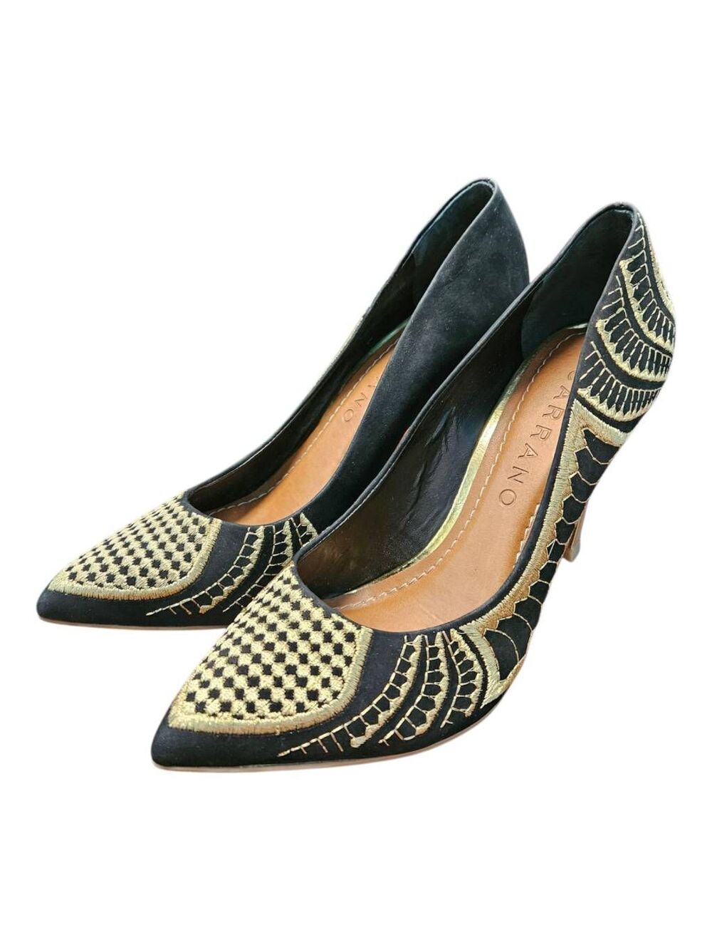 Carrano Black Suede Gold Embroidered Heels Womens Size 6 Made in Brazil